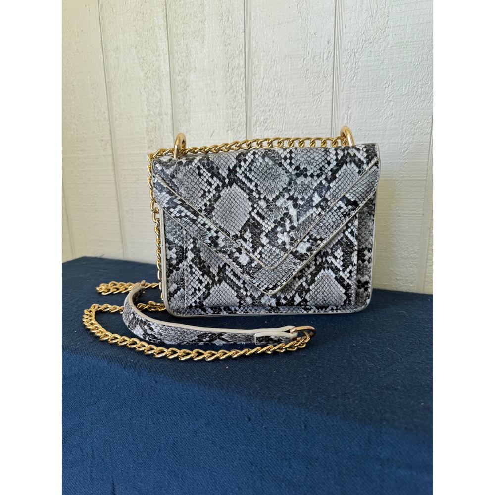 Grey Snakeskin Print Envelope Crossbody Bag Gold Chain Strap Small Handbag